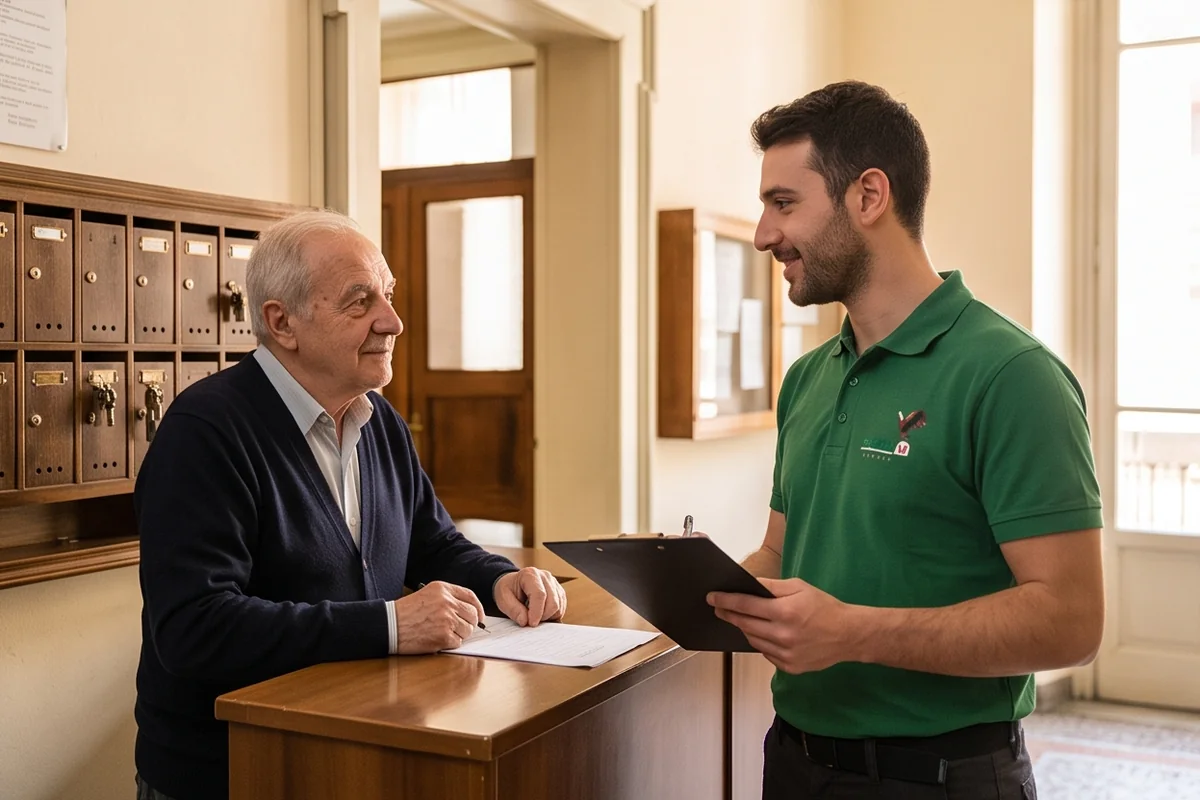 Operatore in divisa verde con una cartellina parla con il portiere di un condominio all'ingresso dell'edificio
