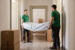 Due operatori in divisa verde portano un divano protetto lungo l’androne di un palazzo