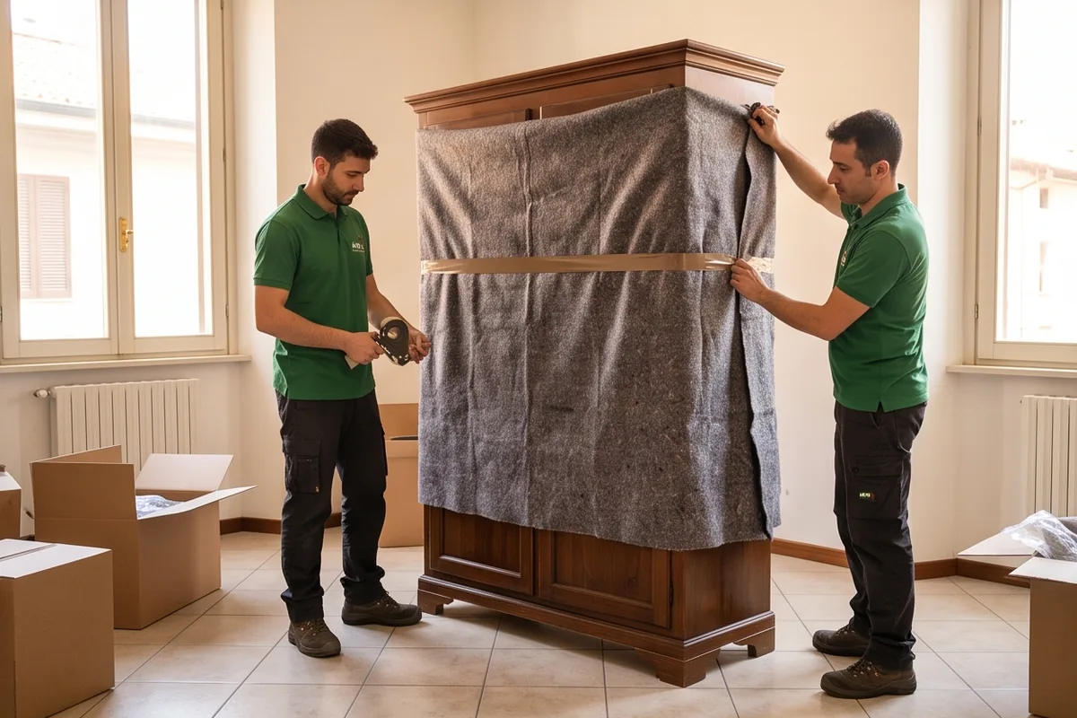Due operatori in divisa verde avvolgono un armadio con coperte protettive in una stanza di un appartamento