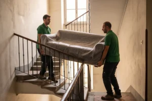 Due operatori in divisa verde portano un divano protetto da un telo giù per una scala stretta