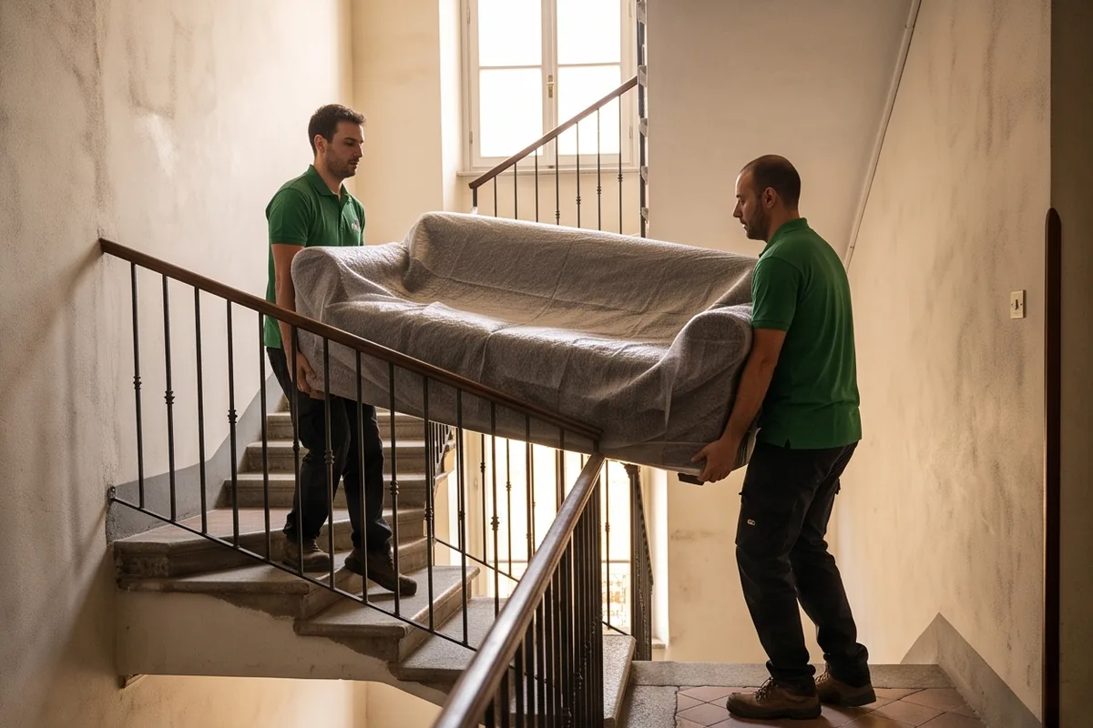 Due operatori in divisa verde portano un divano protetto da un telo giù per una scala stretta