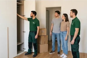 Due operatori in divisa verde fanno il giro di controllo di una stanza insieme a una coppia di clienti il giorno del trasloco