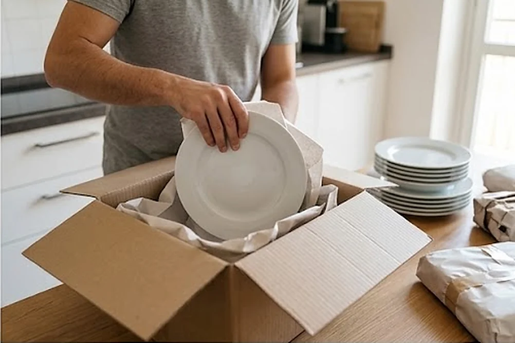 Persona che avvolge i piatti nella carta da imballo e li dispone in uno scatolone in cucina