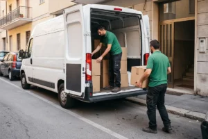 Due operatori in divisa verde caricano scatoloni su un furgone bianco parcheggiato davanti a un palazzo